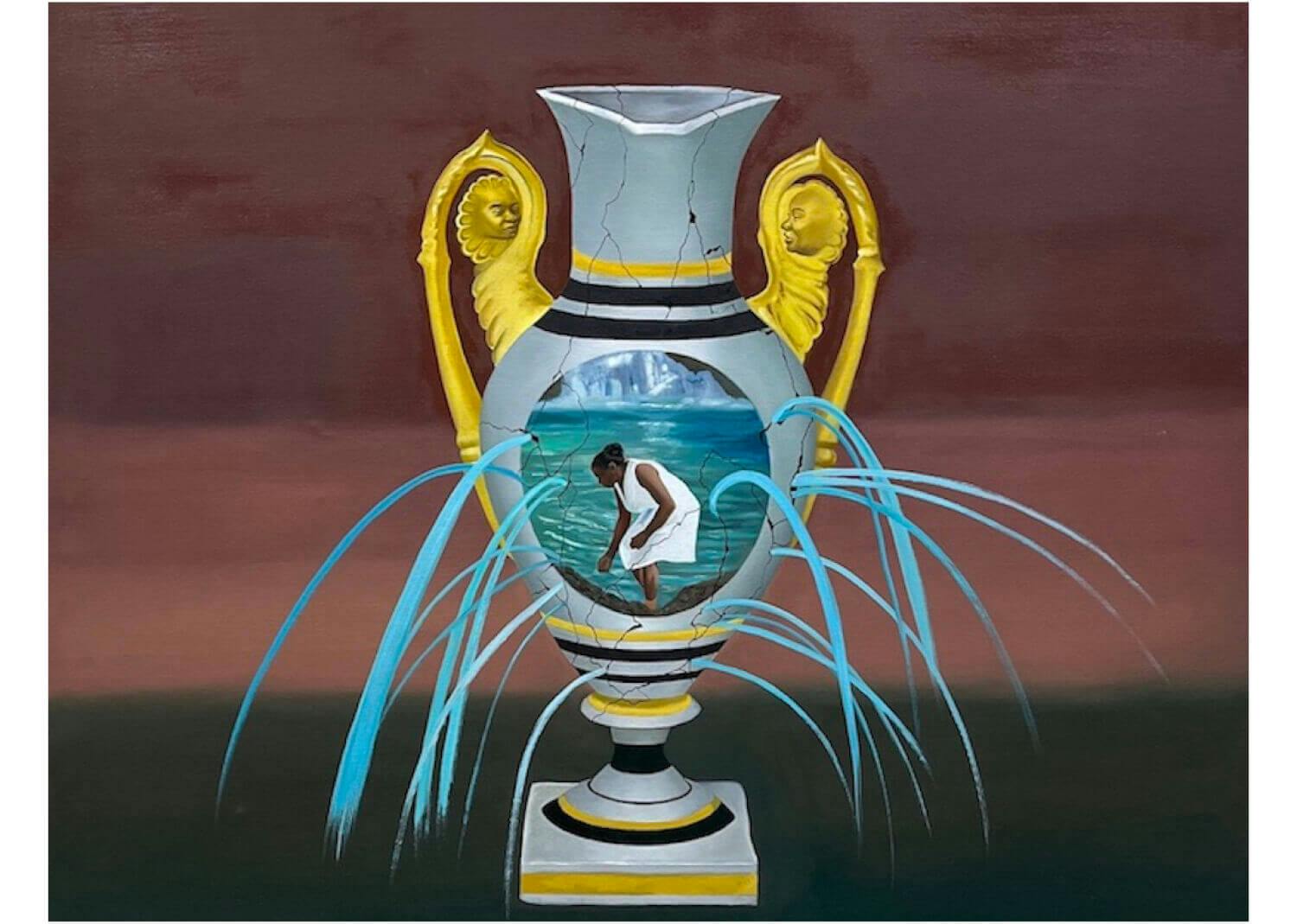 A painting of a vase bearing the image of a dark-skinned woman in a white dress kneeling at the shore of a body of water. Blue streams of water sprout from the body of the vase as if the structure has been pricked with pinholes.